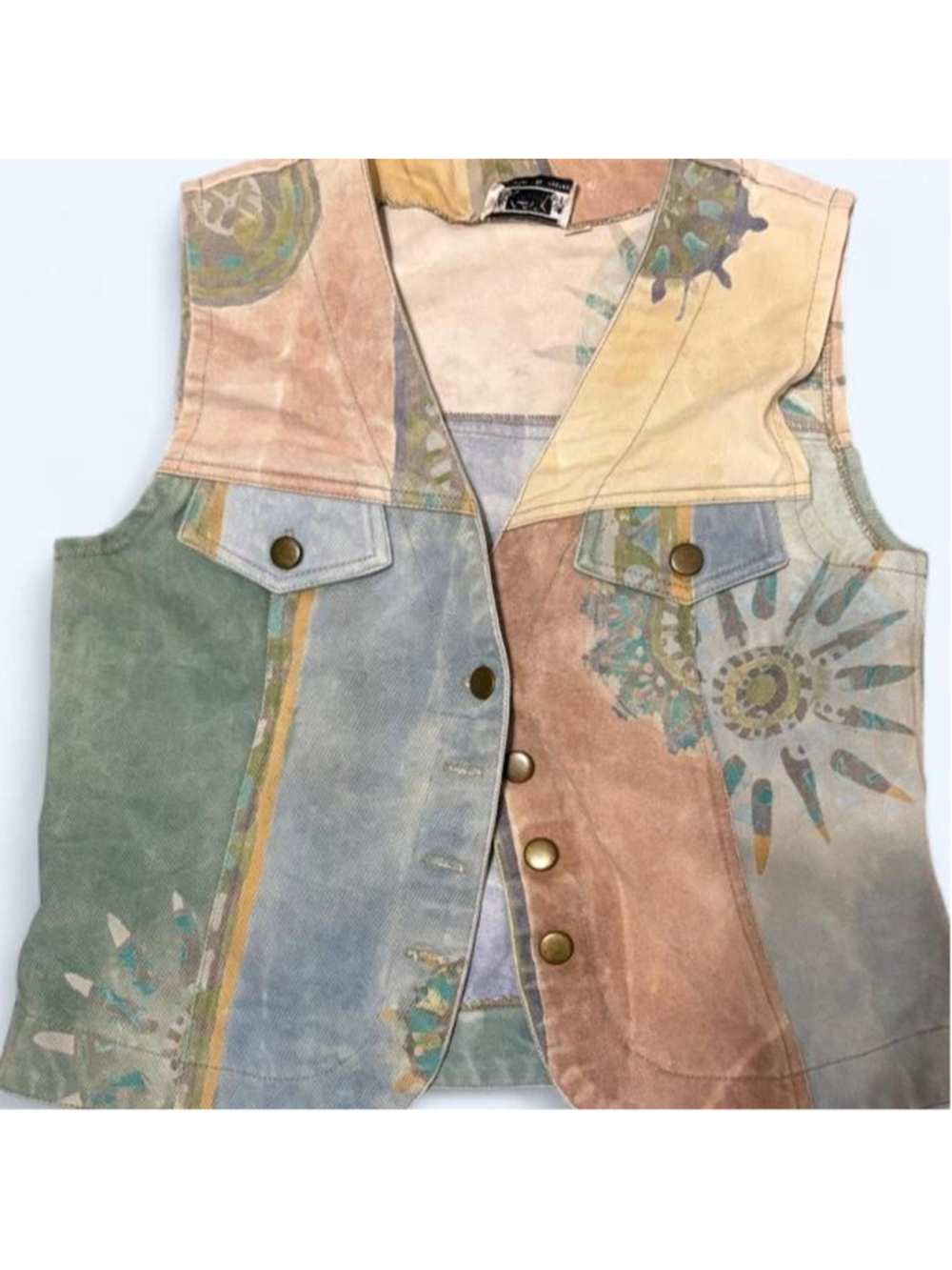Chantik handcrafted denim vest with abstract quirky floral and geometric print i